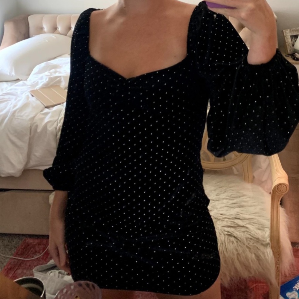 Black velvet rhinestone studded mini dress